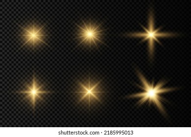 Estrella reventada con brillantez, estrella brillante, ráfaga de luz brillante sobre fondo transparente, rayos solares amarillos, efecto luz dorada, destello de sol con rayos, efecto bokek, resplandor dorado, ilustración vectorial