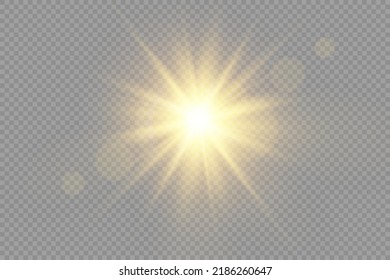 Estrella reventada con brillantez, estrella brillante, ráfaga de luz brillante sobre fondo transparente, rayos solares amarillos, efecto luz dorada, destello de sol con rayos, efecto bokek, resplandor dorado, ilustración vectorial