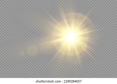 Star burst with brilliance, glow star, glowing light burst on transparent background, yellow sun rays, golden light effect, flare of sunshine with rays, bokeh effect, gold glare, vector illustration