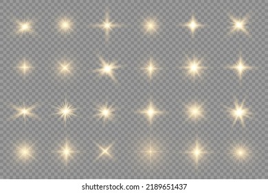 Star burst with brilliance, glow star, glowing light burst on transparent background, yellow sun rays, golden light effect, flare of sunshine with rays, bokeh effect, gold glare, vector illustration