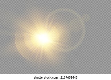 Star burst with brilliance, glow star, glowing light burst on transparent background, yellow sun rays, golden light effect, flare of sunshine with rays, bokeh effect, gold glare, vector illustration