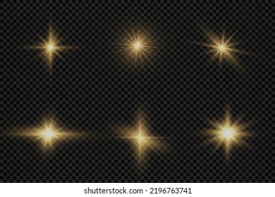 Star burst with brilliance, glow star, glowing light burst on transparent background, yellow sun rays, golden light effect, flare of sunshine with rays, bokeh effect, gold glare, vector illustration