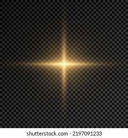 Star burst with brilliance, glow star, glowing light burst on transparent background, yellow sun rays, golden light effect, flare of sunshine with rays, bokeh effect, gold glare, vector illustration
