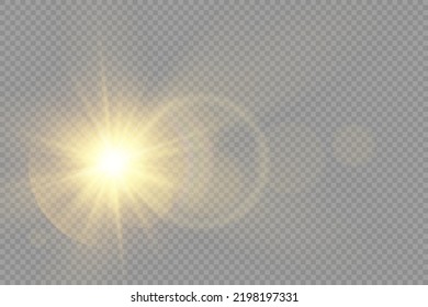 Star burst with brilliance, glow star, glowing light burst on transparent background, yellow sun rays, golden light effect, flare of sunshine with rays, bokeh effect, gold glare, vector illustration