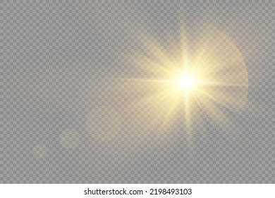 Star burst with brilliance, glow star, glowing light burst on transparent background, yellow sun rays, golden light effect, flare of sunshine with rays, bokeh effect, gold glare, vector illustration