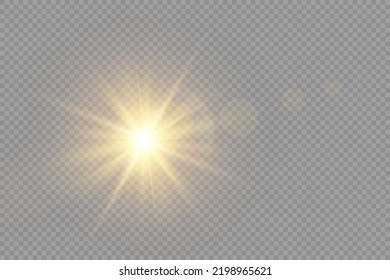 Star burst with brilliance, glow star, glowing light burst on transparent background, yellow sun rays, golden light effect, flare of sunshine with rays, bokeh effect, gold glare, vector illustration