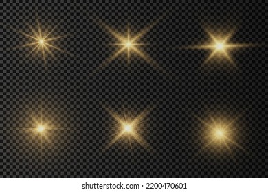 Star burst with brilliance, glow star, glowing light burst on transparent background, yellow sun rays, golden light effect, flare of sunshine with rays, bokeh effect, gold glare, vector illustration