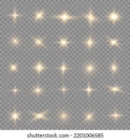 Star burst with brilliance, glow star, glowing light burst on transparent background, yellow sun rays, golden light effect, flare of sunshine with rays, bokeh effect, gold glare, vector illustration
