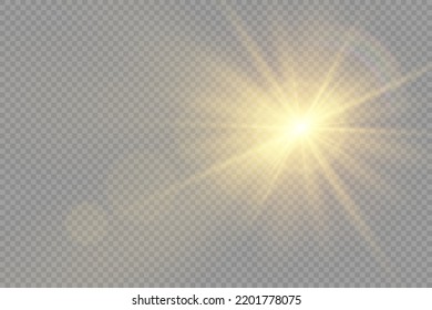 Star burst with brilliance, glow star, glowing light burst on transparent background, yellow sun rays, golden light effect, flare of sunshine with rays, bokeh effect, gold glare, vector illustration