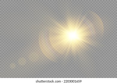 Star burst with brilliance, glow star, glowing light burst on transparent background, yellow sun rays, golden light effect, flare of sunshine with rays, bokeh effect, gold glare, vector illustration