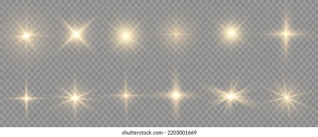 Estrella reventada con brillantez, estrella brillante, ráfaga de luz brillante sobre fondo transparente, rayos solares amarillos, efecto luz dorada, destello de sol con rayos, efecto bokek, resplandor dorado, ilustración vectorial