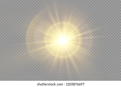 Star burst with brilliance, glow star, glowing light burst on transparent background, yellow sun rays, golden light effect, flare of sunshine with rays, bokeh effect, gold glare, vector illustration