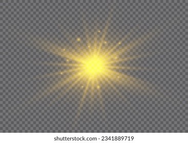 The star burst with brilliance, vector. Abstract sunburst, digital flash, rainbow flare on transparent background. Shining golden stars. Light effects, glare, bokeh, glitter, explosion, yellow sun. 