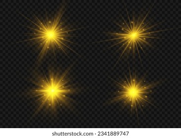 The star burst with brilliance, vector. Abstract sunburst, digital flash, rainbow flare on transparent background. Shining golden stars. Light effects, glare, bokeh, glitter, explosion, yellow sun. 