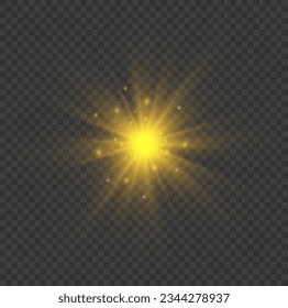 The star burst with brilliance, vector. Abstract sunburst, digital flash, rainbow flare on transparent background. Shining golden stars. Light effects, glare, bokeh, glitter, explosion, yellow sun. 
