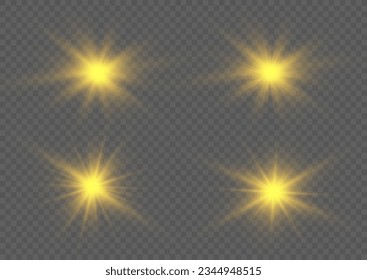 The star burst with brilliance, vector. Abstract sunburst, digital flash, rainbow flare on transparent background. Shining golden stars. Light effects, glare, bokeh, glitter, explosion, yellow sun. 