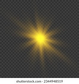 The star burst with brilliance, vector. Abstract sunburst, digital flash, rainbow flare on transparent background. Shining golden stars. Light effects, glare, bokeh, glitter, explosion, yellow sun. 