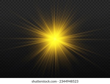The star burst with brilliance, vector. Abstract sunburst, digital flash, rainbow flare on transparent background. Shining golden stars. Light effects, glare, bokeh, glitter, explosion, yellow sun. 