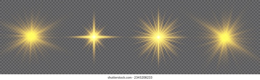 La estrella estalló de brillantez, vector. Resumen del estallido del sol, flash digital, bengala arco iris sobre fondo transparente. Estrellas doradas brillantes. Efectos de luz, brillo, bokeh, brillo, explosión, sol amarillo. 