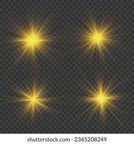 The star burst with brilliance, vector. Abstract sunburst, digital flash, rainbow flare on transparent background. Shining golden stars. Light effects, glare, bokeh, glitter, explosion, yellow sun. 
