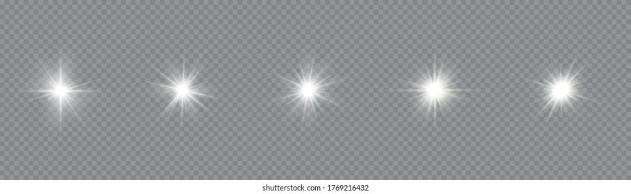 The star burst with brilliance, white sun rays, set of white glowing light burst on a transparent background, glow bright stars, light effect, flare of sunshine with rays, vector illustration, eps 10.