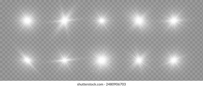 The star burst with brilliance, white sun rays, set of white glowing light burst on a transparent background, glow bright stars, light effect, flare of sunshine with rays, vector illustration, eps 10.