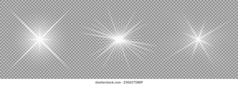 La estrella estalló con brillo, rayos solares blancos, conjunto de luz blanca brillante estalló sobre un fondo transparente, brillan estrellas brillantes, efecto de luz, destello de sol con rayos, Ilustración vectorial, eps 10.