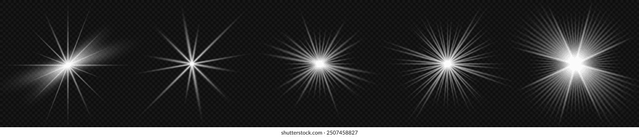 The star burst with brilliance, white sun rays, set of white glowing light burst on a transparent background, glow bright stars, light effect, flare of sunshine with rays, vector illustration