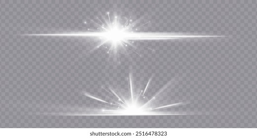 A estrela estourou com brilho, raios de sol brancos, conjunto de luz branca brilhante estourou em um fundo transparente, brilhar estrelas brilhantes, efeito de luz, clarão de sol com raios, ilustração vetorial, eps 10.