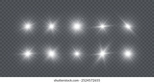 The star burst with brilliance, white sun rays, set of white glowing light burst on a transparent background, glow bright stars, light effect, flare of sunshine with rays, vector illustration, eps 10.
