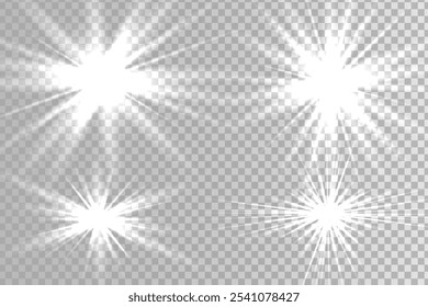 The star burst with brilliance, white sun rays, set of white glowing light burst on a transparent background, glow bright stars, light effect, flare of sunshine with rays, vector illustration, eps 10.