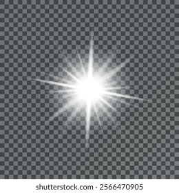 The star burst with brilliance, white sun rays, set of white glowing light burst on a transparent background, glow bright stars, light effect, flare of sunshine with rays, vector illustration