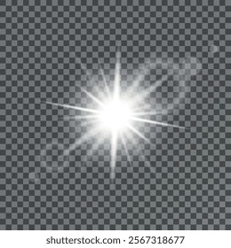 The star burst with brilliance, white sun rays, set of white glowing light burst on a transparent background, glow bright stars, light effect, flare of sunshine with rays, vector illustration, eps 10