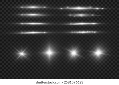 The star burst with brilliance, white sun rays, set of white glowing light burst on a transparent background, glow bright stars, light effect, flare of sunshine with rays, vector illustration, eps 10.