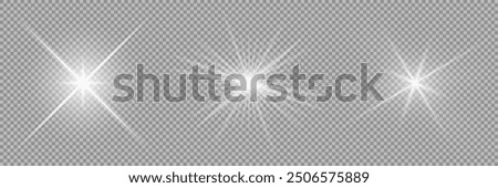 The star burst with brilliance, white sun rays, set of white glowing light burst on a transparent background, glow bright stars, light effect, flare of sunshine with rays, vector illustration, eps 10.