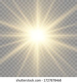 The star burst with brilliance, yellow glowing light burst on a transparent background, glow bright star, golden light effect, flare of sunshine with rays, yellow sun rays, vector illustration, eps 10