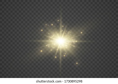 The star burst with brilliance, yellow glowing light burst on a transparent background, glow bright star, golden light effect, flare of sunshine with rays, yellow sun rays, vector illustration, eps 10
