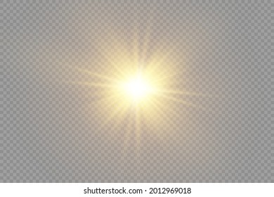 The star burst with brilliance. Yellow glowing light explodes on a transparent background. Bright Star. Golden Light effect. A flash of sunshine with rays. Yellow sun rays. Vector illustration.