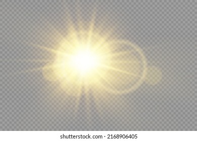 The star burst with brilliance, yellow sun rays, golden light effect, glow bright star, yellow glowing light burst on a transparent background, flare of sunshine with rays, vector illustration, eps 10