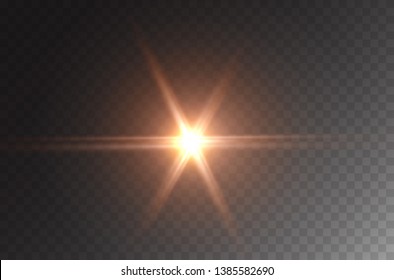 Star Burst Effect. Realistic Yellow Flare Beam, Spotlight Isolated On Transparent Background. Vector Bright Spot Light, Glowing Projector, Car Headlight Or Golden Flash Star.