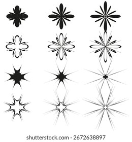 Elementos de explosão de estrela. Ícones de forma abstratos. Símbolo decorativo vetorial. Ilustração visual geométrica. EPS 10.