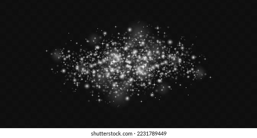 Star burst glare with sparkles on transparent background. White dust sparks glitter, star night sky, space, dusty shine lights. Christmas shining flare bokeh. Glitter special light effect. Vector