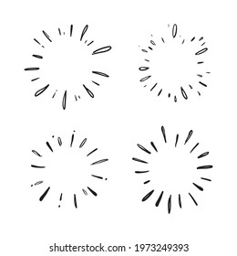 Star burst hand drawn doodles. Sunburst graphic design set. Handmade radial starburst illustrations.