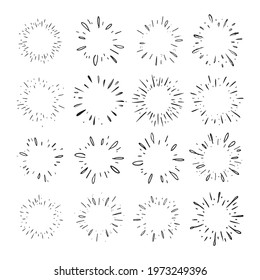 Star burst hand drawn doodles. Sunburst graphic design set. Handmade radial starburst illustrations.