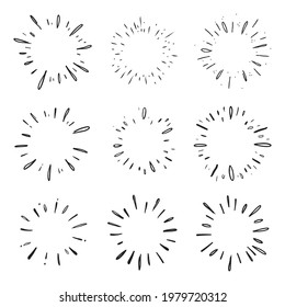 Star burst hand drawn doodles. Sunburst graphic design set. Handmade radial starburst illustrations.