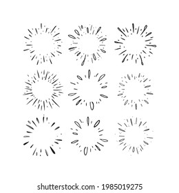 Star burst hand drawn doodles. Sunburst graphic design set. Handmade radial starburst illustrations.
