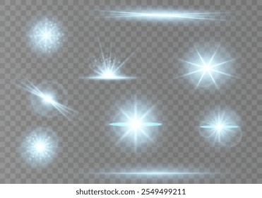 Estrela explode com raios de sol claros e brancos. Luz solar, efeito especial abstrato. Luz solar efeitos de brilho conjunto de ilustração vetor realista. Raios de sol com erupção natural.	