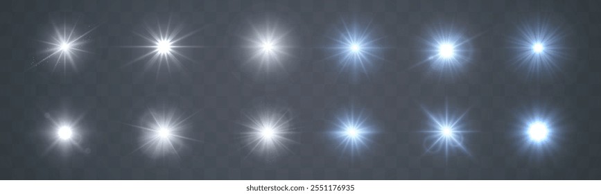 Estrela explode com raios de sol claros e brancos. Luz solar, efeito especial abstrato. Luz solar efeitos de brilho conjunto de ilustração vetor realista. Raios de sol com erupção natural.	