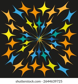 Padrão de intermitência de estrela. Design colorido da explosão. Decoração radial vetorial. Exibição dinâmica de luz.