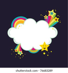 Star Burst Rainbow Cloud Banner. Vector Illustration Of Star Bursts And Rainbows In A Cloud Shape Banner.